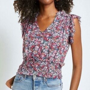 Socialite L floral flutter sleeve smocked waist blouse